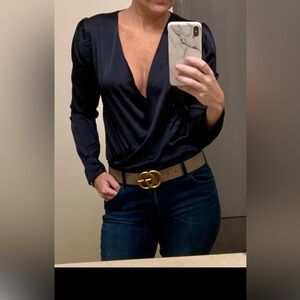 Strut & Bolt Dark Navy Deep V Bodysuit. Size S.